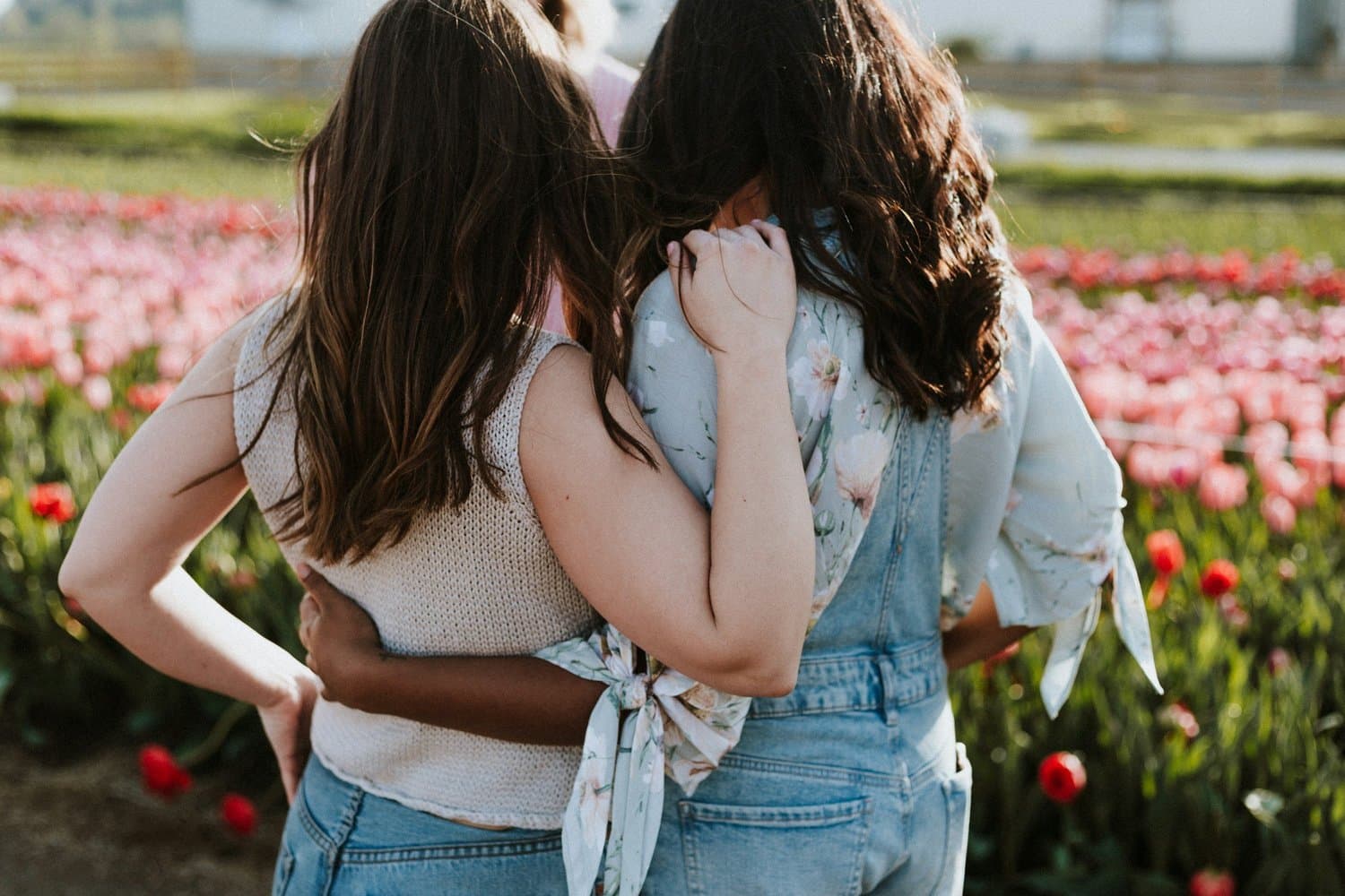 Two friends with arms around each other in a tulip field