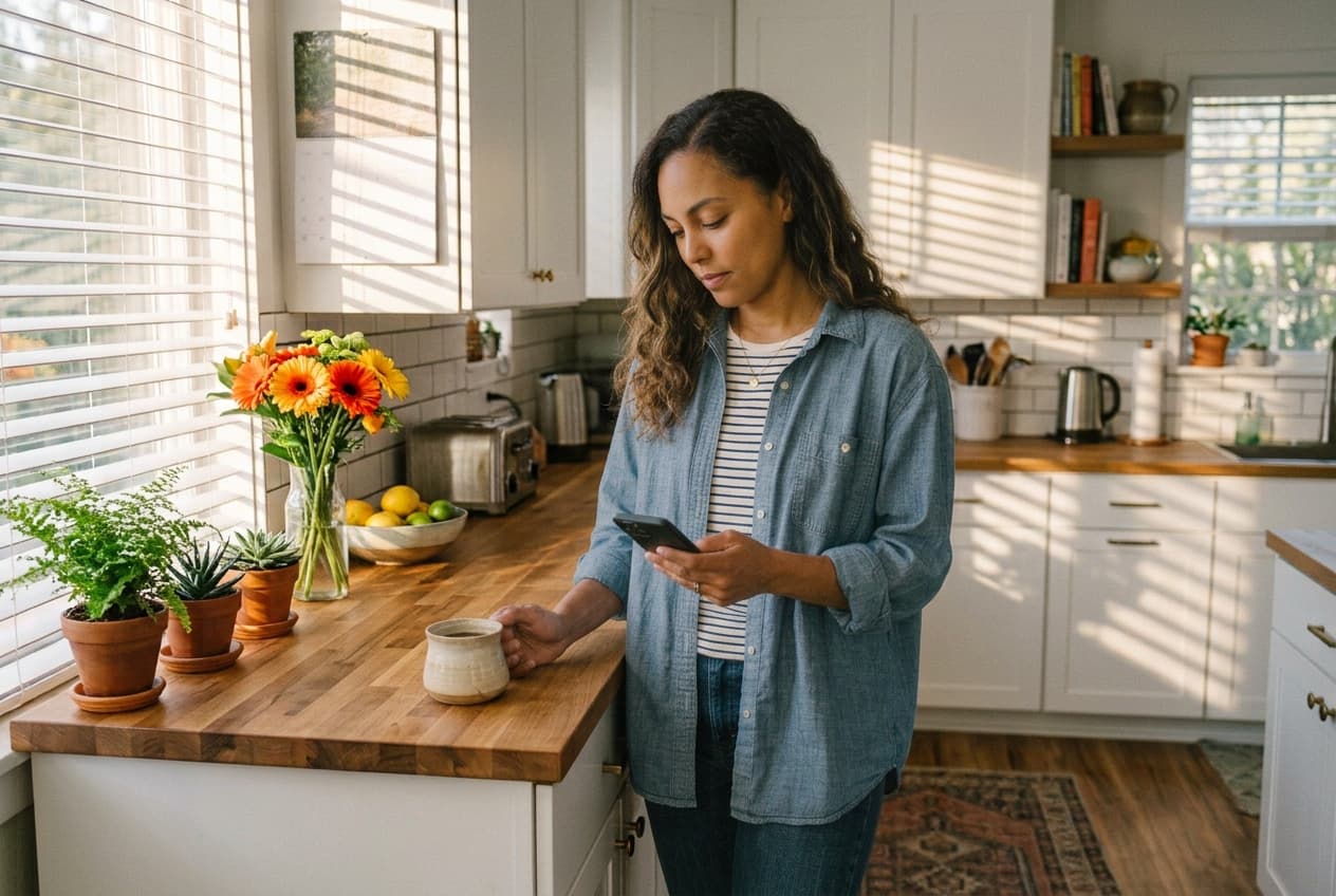 A woman standing in a sunlit kitchen, one hand on her coffee mug, looking down at her phone