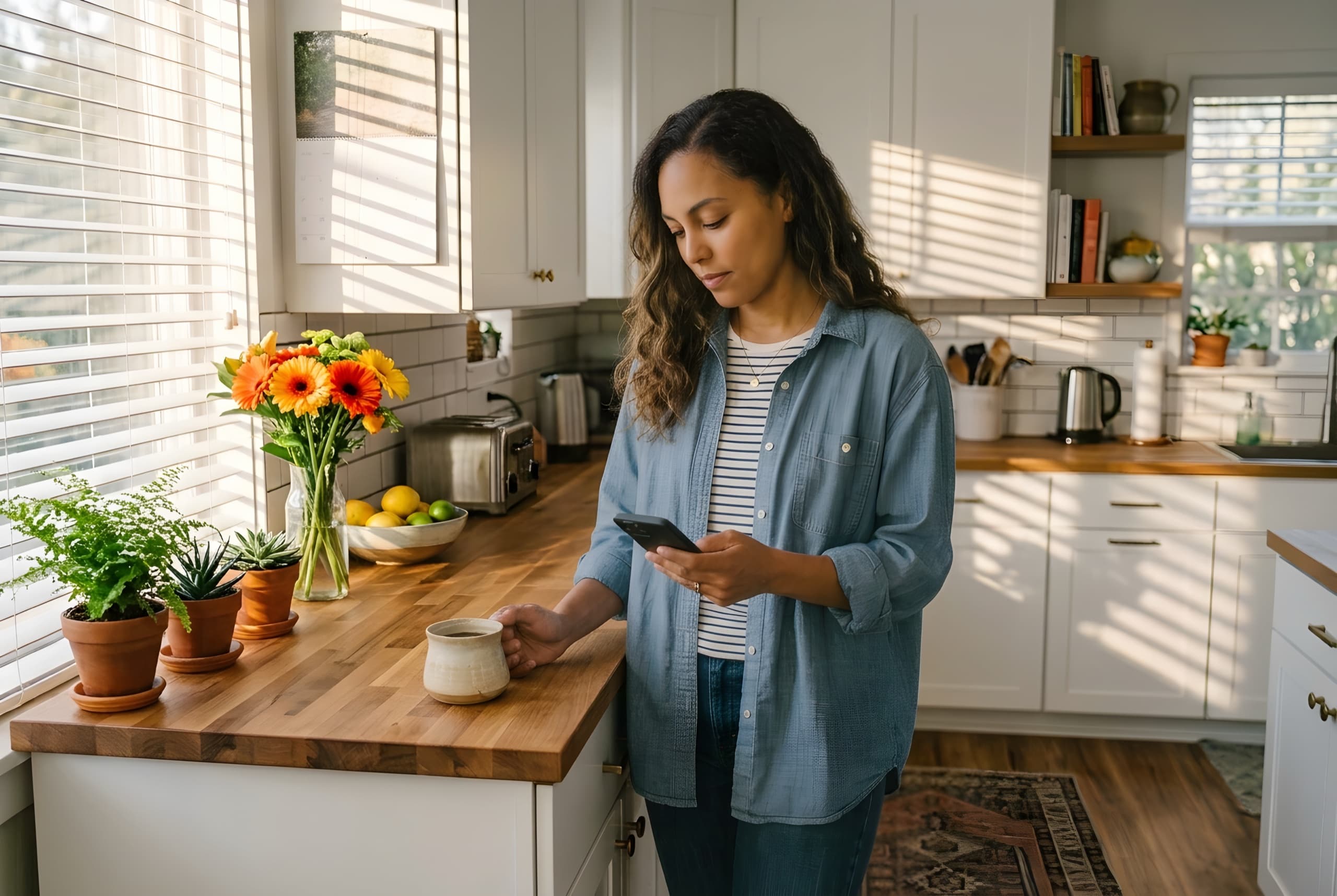 A woman standing in a sunlit kitchen, one hand on her coffee mug, looking down at her phone