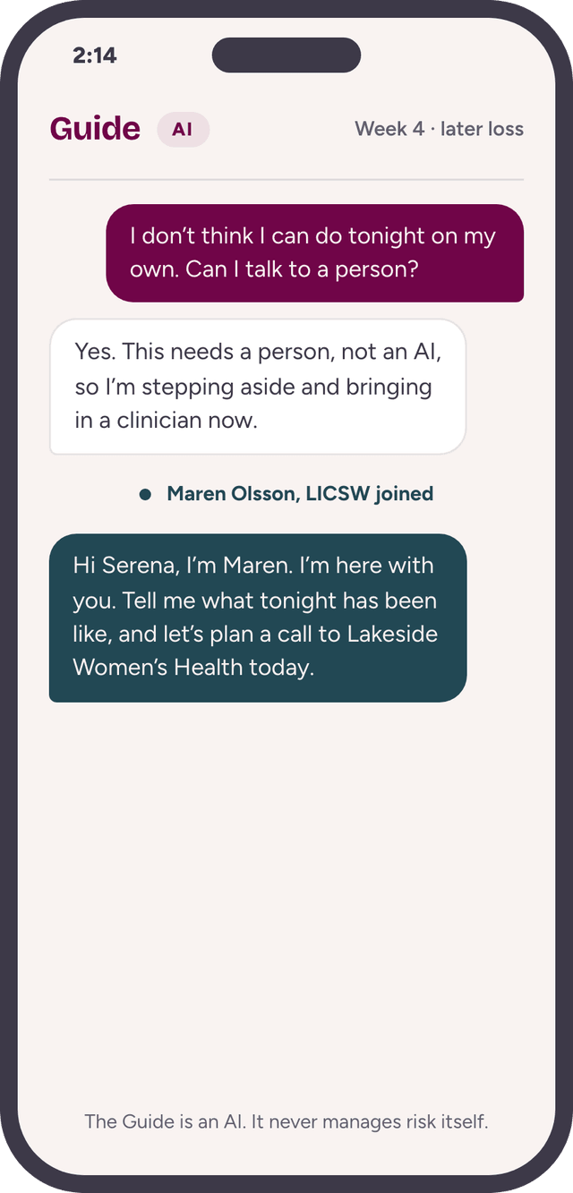 The Guide app screen: a user asks to talk to a person, and a licensed clinician joins the chat