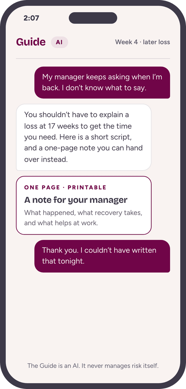 The Guide app screen: a user asks what to tell her manager, and the Guide offers a short script and a printable note