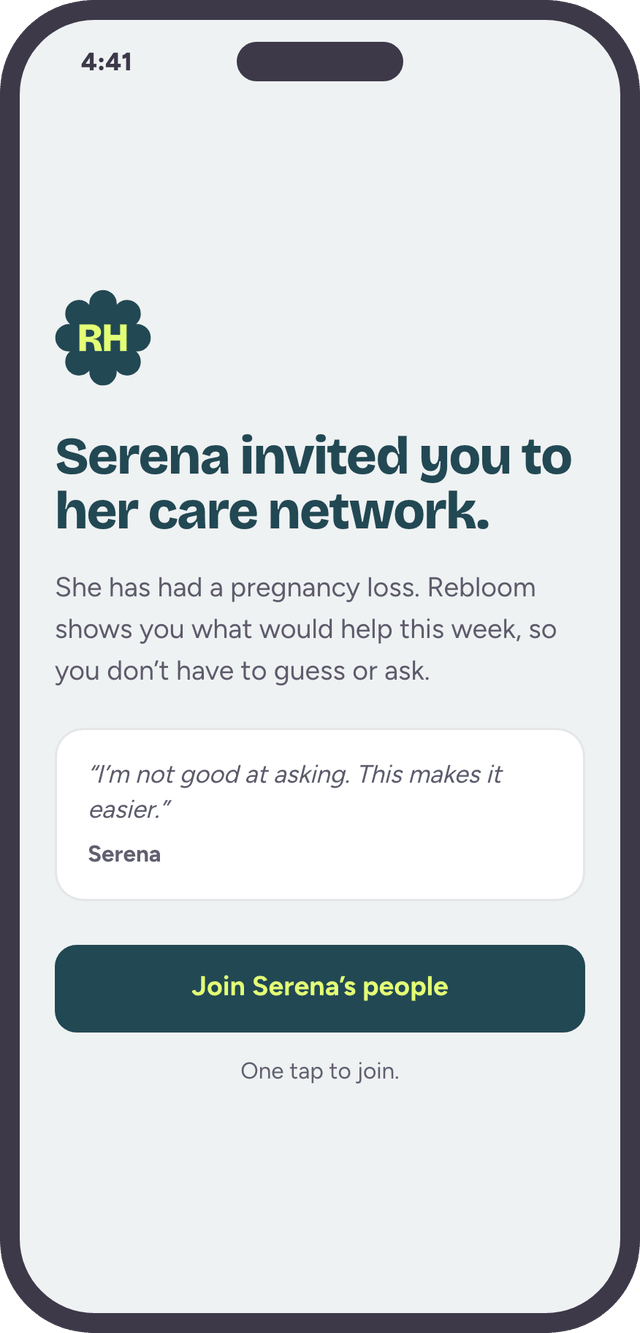Rebloom app screen: Serena invited you to her care network, with a button to join