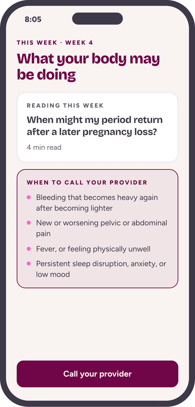 Rebloom app screen: this week, what your body may be doing, with a reading and a list of when to call your provider