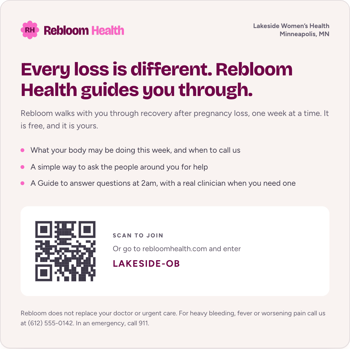The discharge handout, with the clinic’s name, three things Rebloom does, and a code to scan.